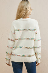White Colorful Crossed Stitch Drop Shoulder Sweater Sweaters JT's Designer Fashion