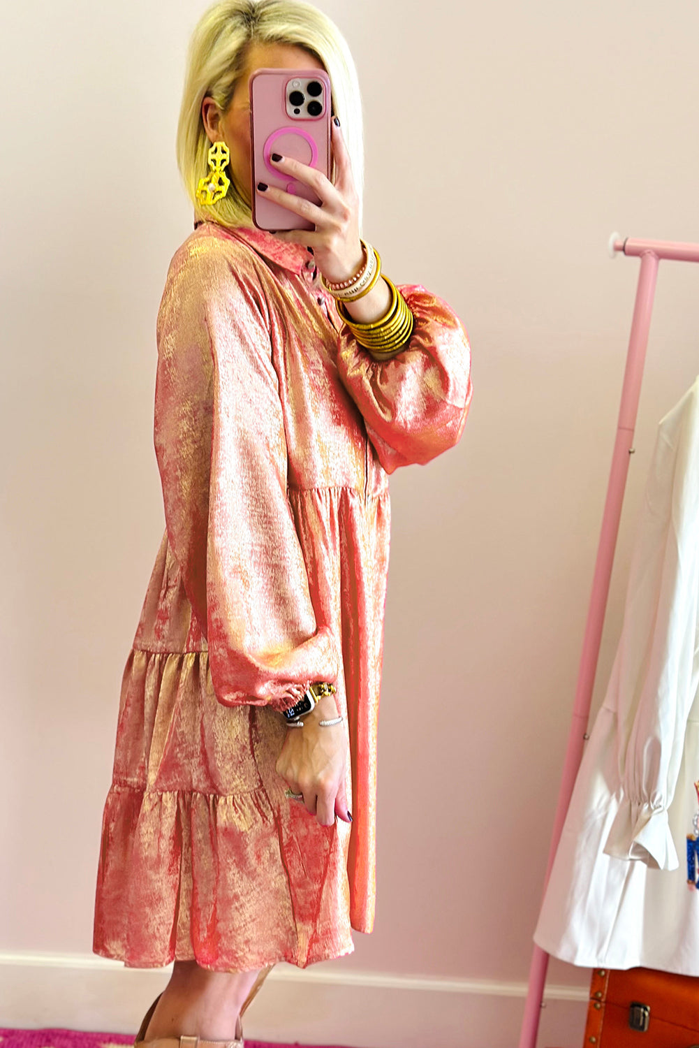Peach Blossom Metallic Balloon Sleeve Shirt Plus Size Mini Dress Plus Size Mini Dresses JT's Designer Fashion