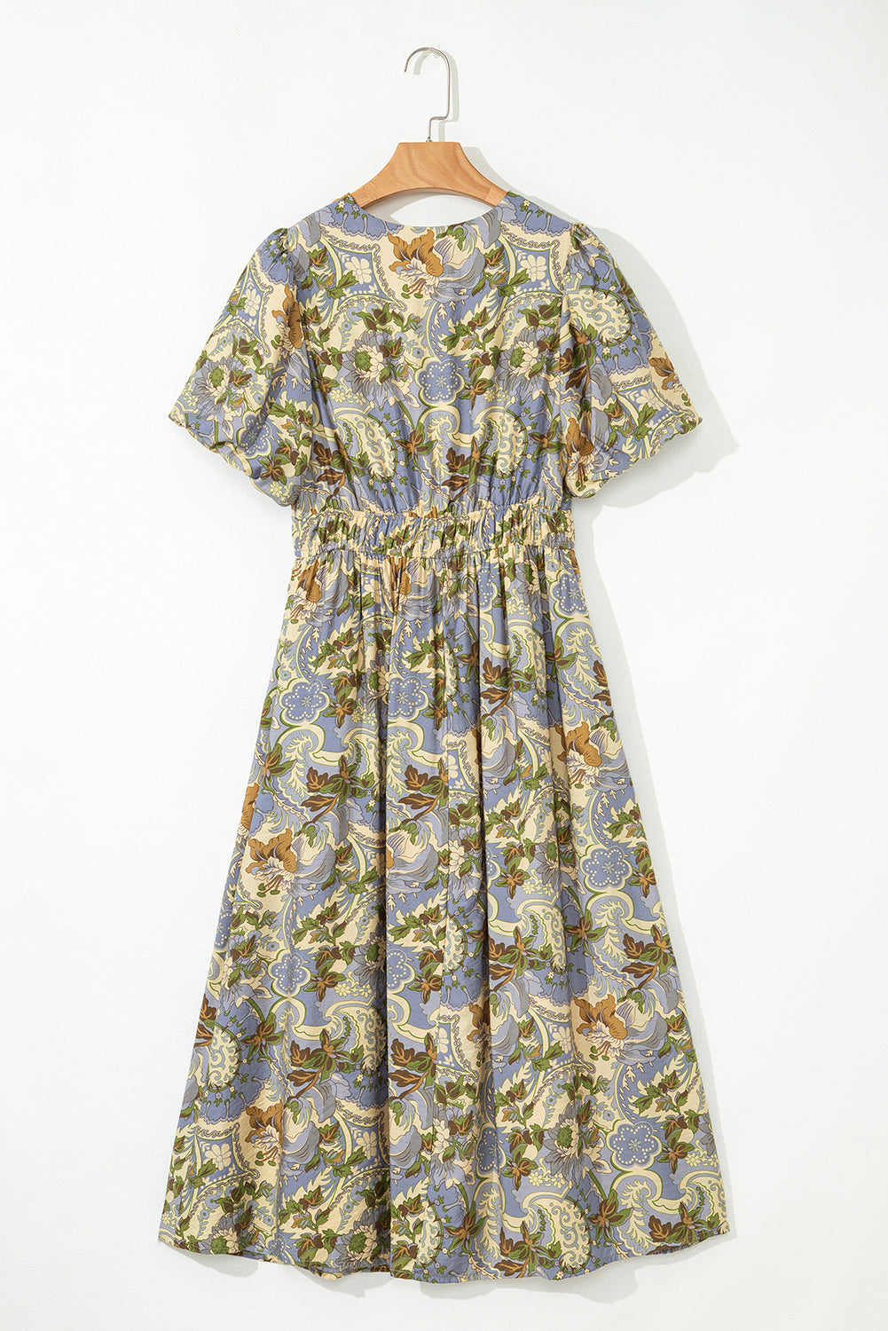 Multicolour Vintage Floral V Neck Short Puff Sleeve Long Dress Dresses JT's Designer Fashion