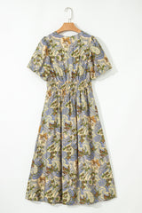 Multicolour Vintage Floral V Neck Short Puff Sleeve Long Dress Dresses JT's Designer Fashion