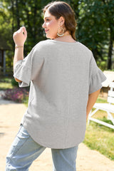 Light Grey Lace Insert Waffle Ruffle Short Sleeve Plus Size Top Plus Size Tops & Tees JT's Designer Fashion