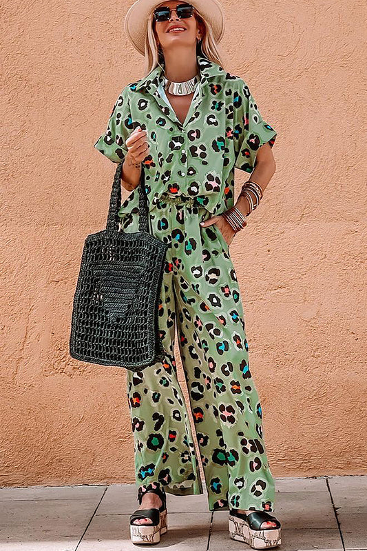 Green Leopard Print Short Sleeve Shirt and Wide Leg Pants Set Pant Sets JT's Designer Fashion
