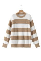 Light French Beige Colorblock Striped Drop Shoulder Side Slit Sweater Sweaters JT's Designer Fashion