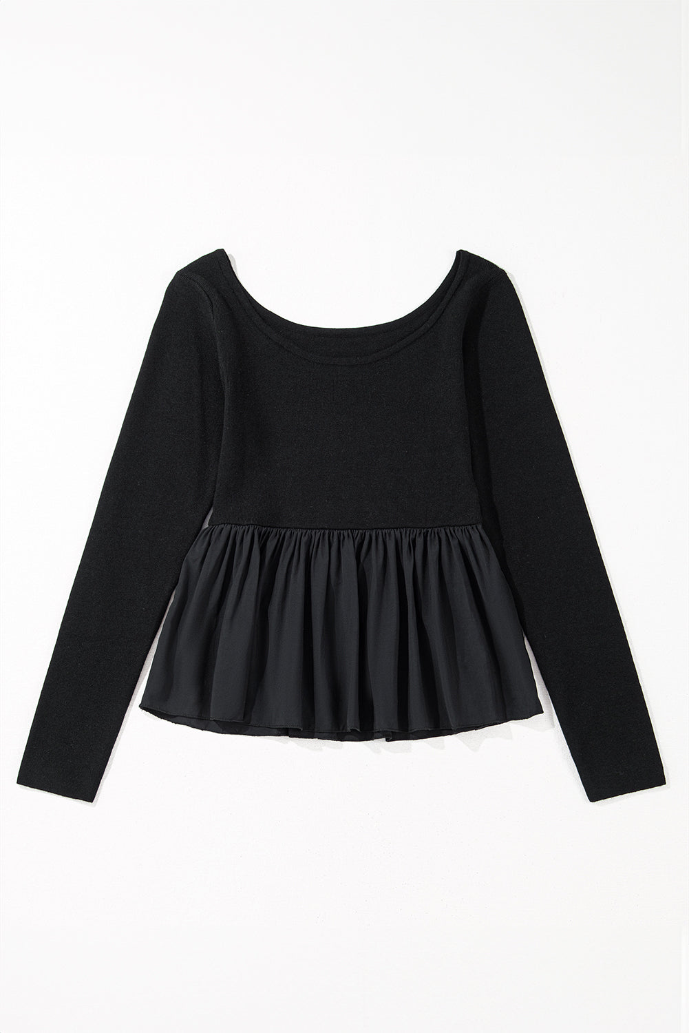 Black Ribbed Knit Long Sleeve Scoop Neck Peplum Patchwork Top Long Sleeve Tops JT's Designer Fashion