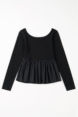 Black Ribbed Knit Long Sleeve Scoop Neck Peplum Patchwork Top Long Sleeve Tops JT's Designer Fashion