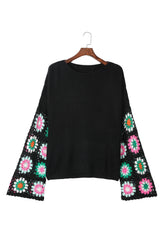Black Floral Crochet Bell Sleeve Loose Sweater Sweaters JT's Designer Fashion