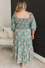 Green Plus Size Floral Print Square Neck Smocked Maxi Dress Plus Size Maxi Dresses JT's Designer Fashion