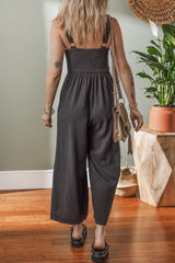 Black Front Cut Out Smocked Back Sleeveless Wide Leg Jumpsuit Bottoms JT's Designer Fashion