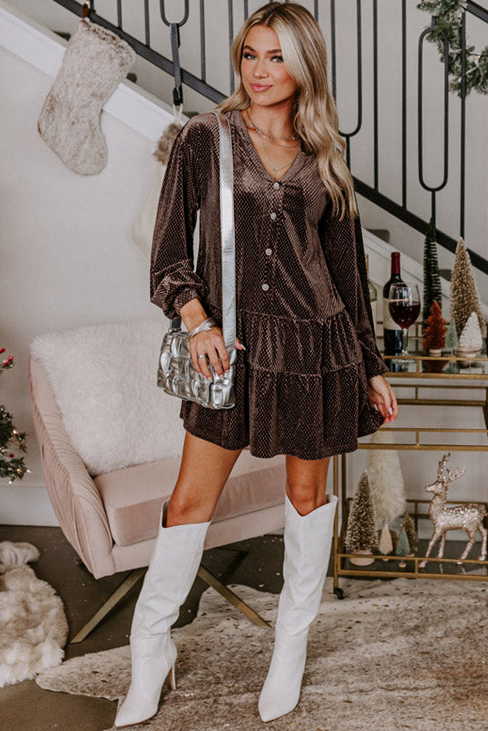 Dark Brown Textured Velvet V Neck Shift Dress Mini Dresses JT's Designer Fashion