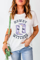 White HOWDY WITCHES Halloween Boots Crewneck T Shirt Graphic Tees JT's Designer Fashion