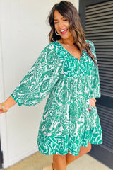 Green Bohemian Print Puff Sleeve Tied V Neck Flared Mini Dress Mini Dresses JT's Designer Fashion