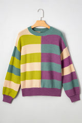 Green Stripe Drop Shoulder Ribbed Edge Casual Sweater Sweaters JT's Designer Fashion