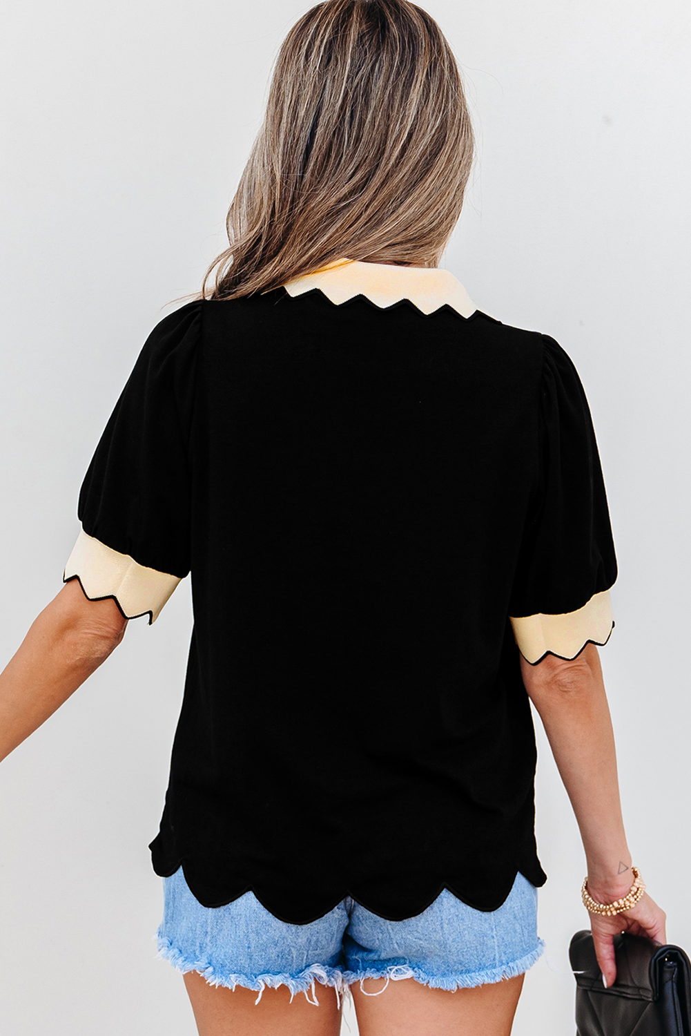 Black Contrast Scalloped Collar Cuffs Rodeo Patched Graphic Short Sleeve Top Graphic Tees JT's Designer Fashion