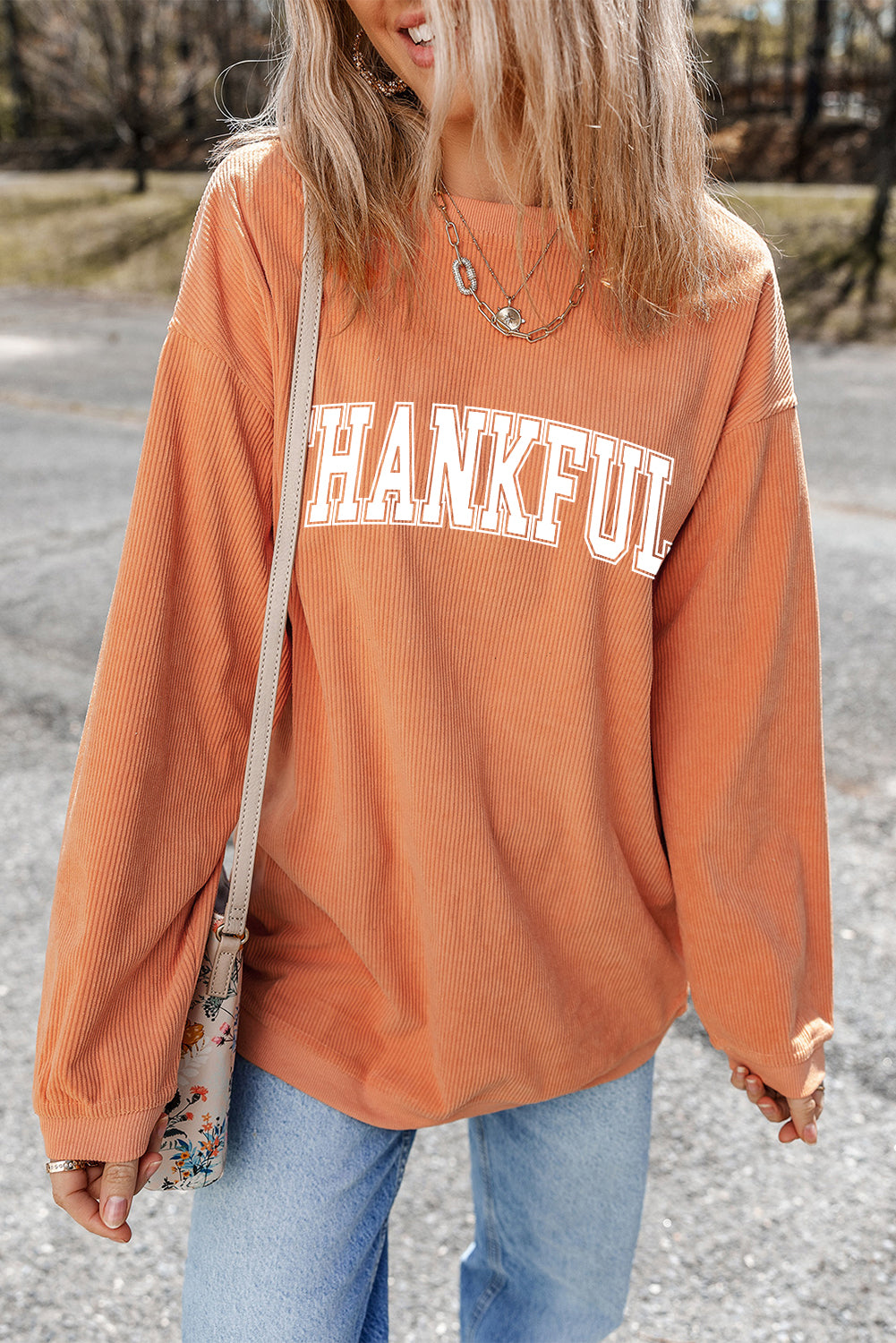 Orange THANKFUL Crew Neck Pullover Sweatshirt Graphic Sweatshirts JT's Designer Fashion