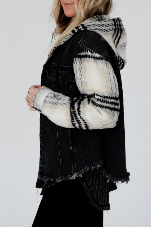 Black Plaid Sleeve Frayed Hem Hooded Denim Jacket Denim Jackets JT's Designer Fashion