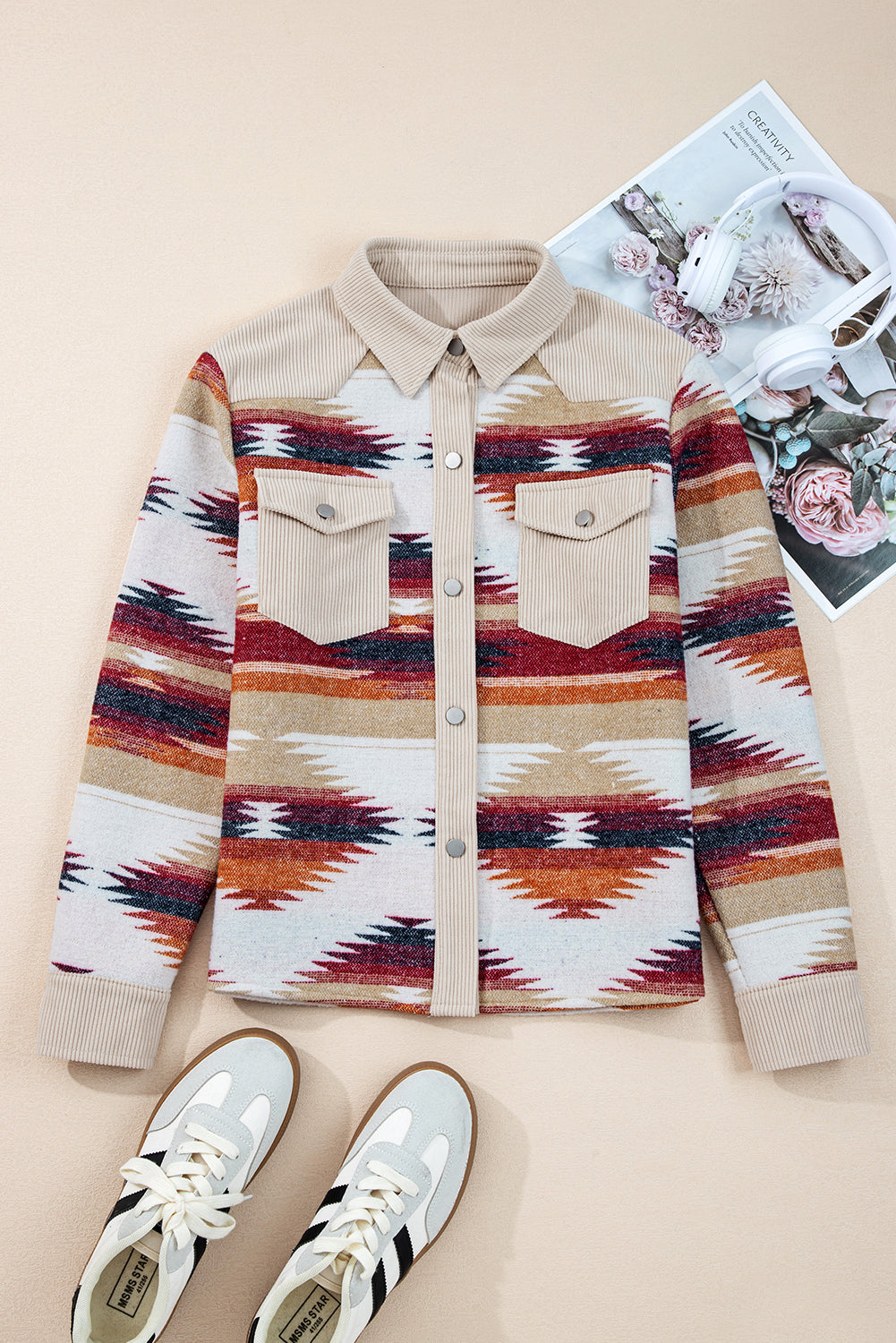 Multicolour Western Aztec Striped Patchwork Double Flap Pocket Raw Hem Shacket Jackets JT's Designer Fashion