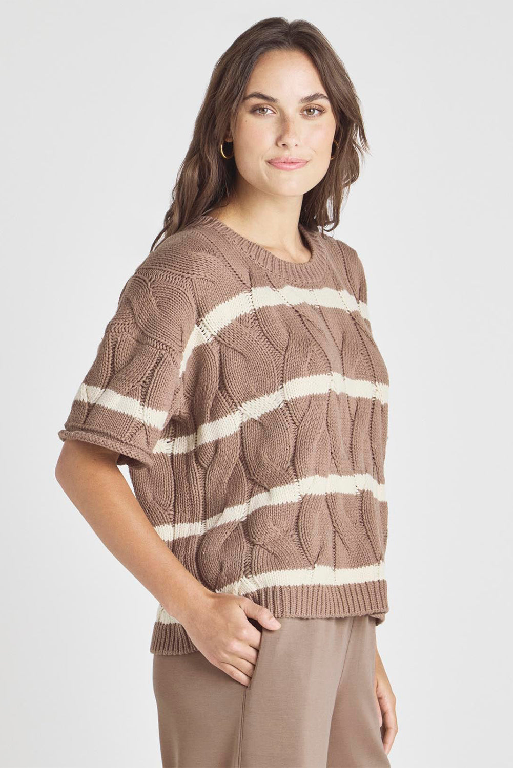 Dark Khaki Striped Cable Short Sleeve Sweater Sweaters & Cardigans JT's Designer Fashion