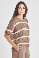 Dark Khaki Striped Cable Short Sleeve Sweater Sweaters & Cardigans JT's Designer Fashion