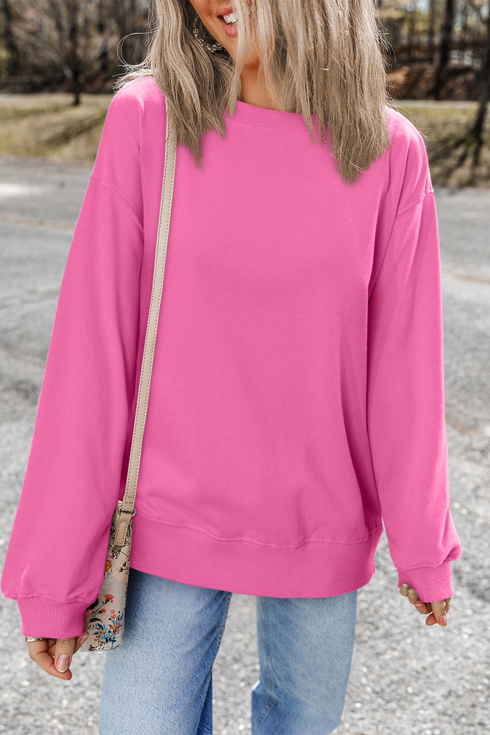 Bonbon Plain Drop Shoulder Crewneck Pullover Sweatshirt Sweatshirts & Hoodies JT's Designer Fashion