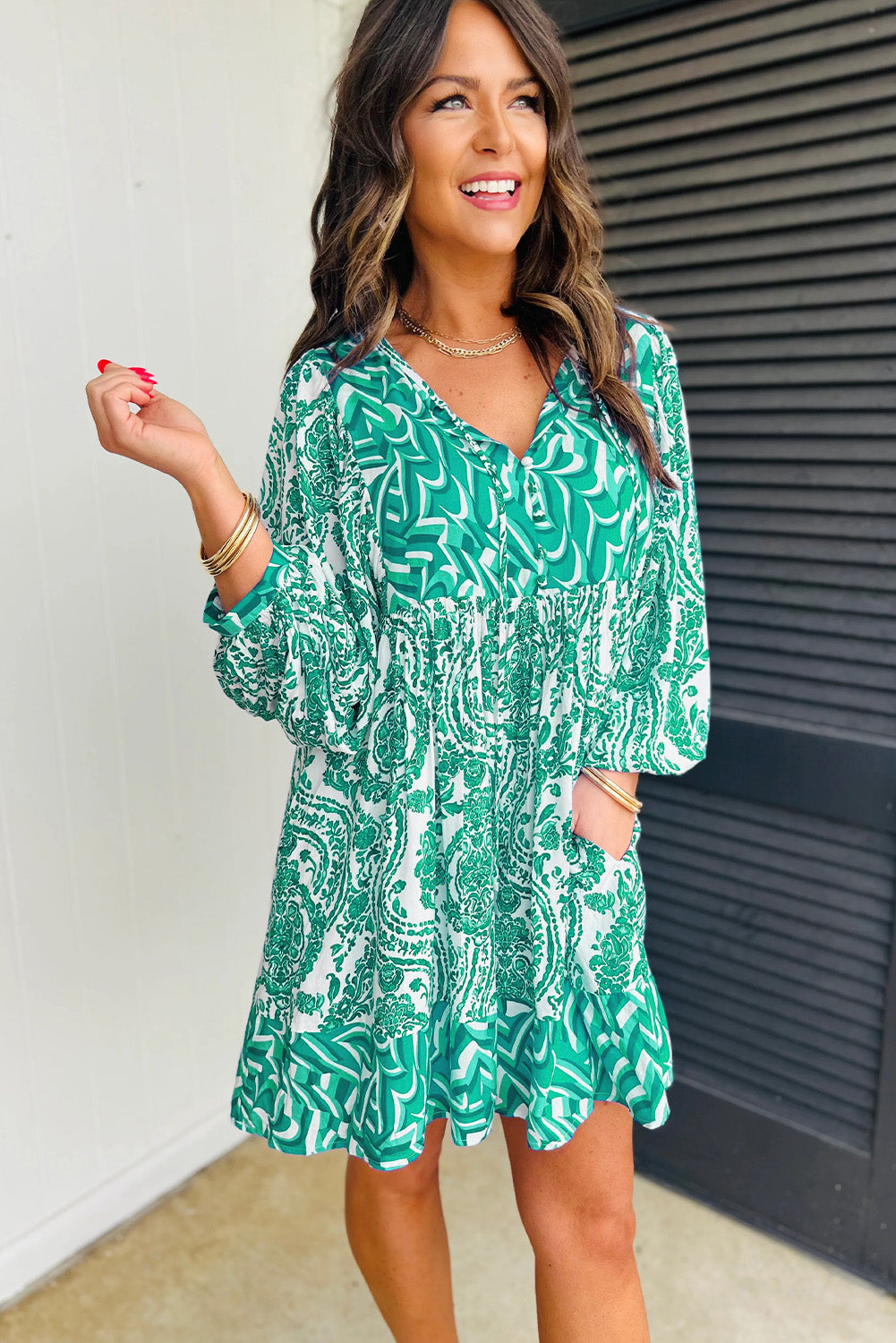 Green Bohemian Print Puff Sleeve Tied V Neck Flared Mini Dress Mini Dresses JT's Designer Fashion