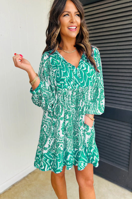 Green Bohemian Print Puff Sleeve Tied V Neck Flared Mini Dress Mini Dresses JT's Designer Fashion