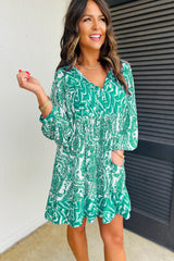 Green Bohemian Print Puff Sleeve Tied V Neck Flared Mini Dress Mini Dresses JT's Designer Fashion