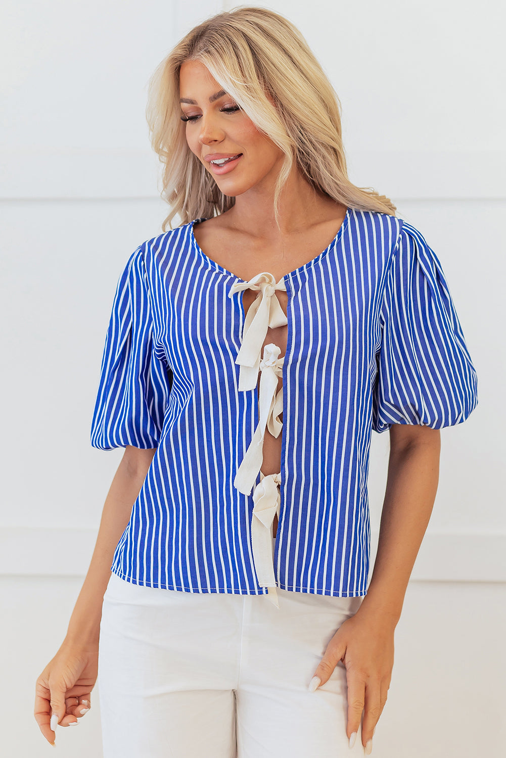 Blue Stripe Tied Front Puff Short Sleeve Blouse Blouses & Shirts JT's Designer Fashion