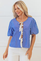 Blue Stripe Tied Front Puff Short Sleeve Blouse Blouses & Shirts JT's Designer Fashion