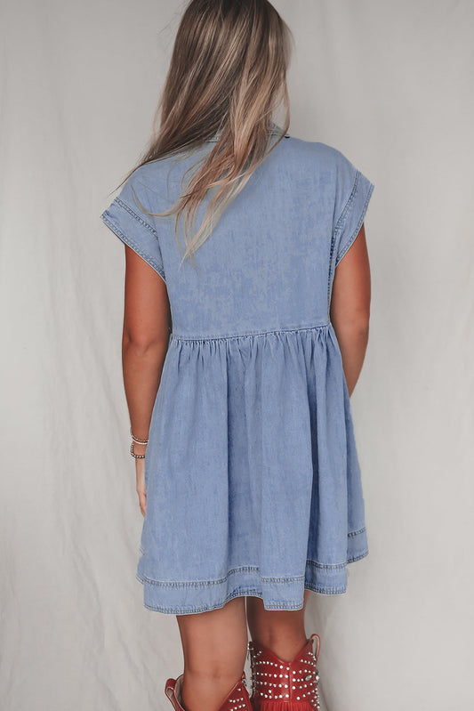 Beau Blue Lapel Neck Cap Sleeve High Waist Denim Babydoll Dress Mini Dresses JT's Designer Fashion