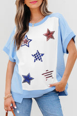 Sky Blue Patriotic Star Patched Colorblock T Shirt Graphic Tees JT's Designer Fashion