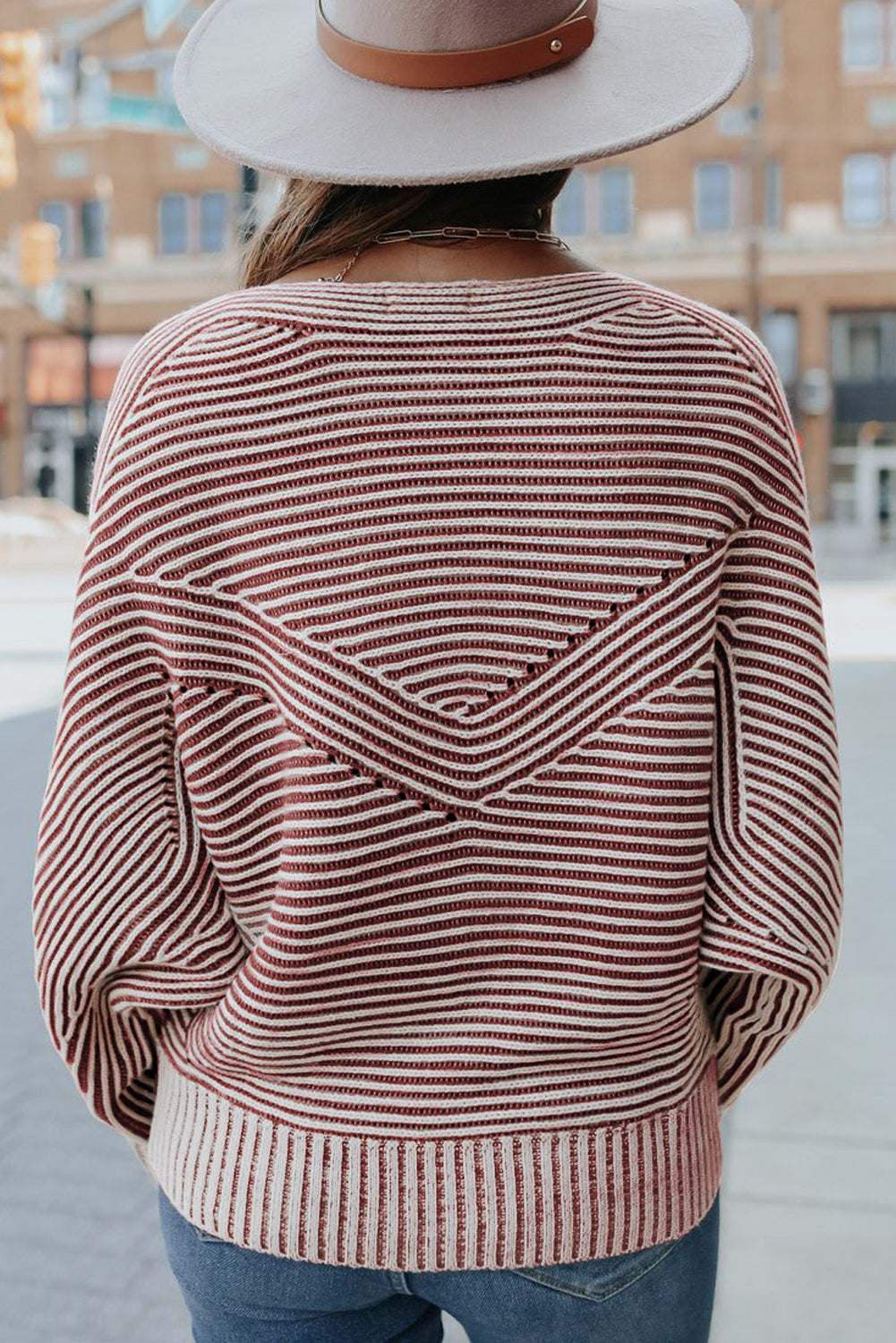 Red Dahlia Striped Print Ribbed Knit Boat Neck Baggy Sweater Sweaters JT's Designer Fashion