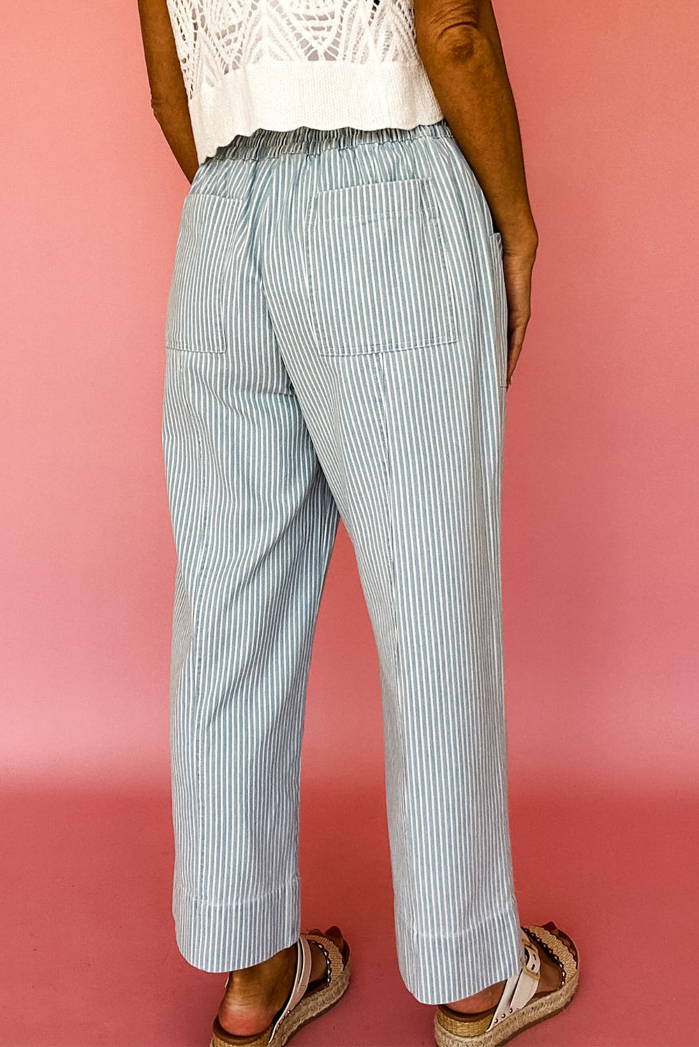 Sky Blue Stripe Mid Rise Drawstring Waist Jeans Jeans JT's Designer Fashion