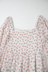 White Floral Print Shirred Ruffled Hem Square Neck Midi Dress Floral Dresses JT's Designer Fashion