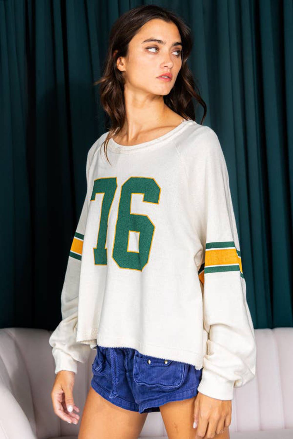 White Number 76 Printed Retro Sporty Long Sleeve Top Long Sleeve Tops JT's Designer Fashion