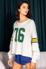 White Number 76 Printed Retro Sporty Long Sleeve Top Long Sleeve Tops JT's Designer Fashion