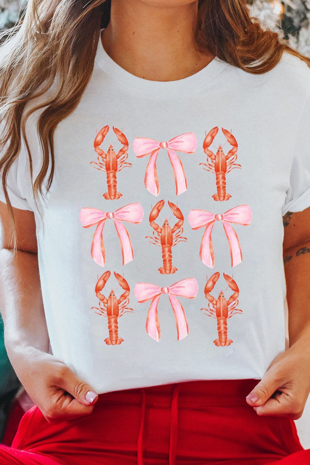White Crawfish Bow Printed Summer T Shirt Graphic Tees JT's Designer Fashion
