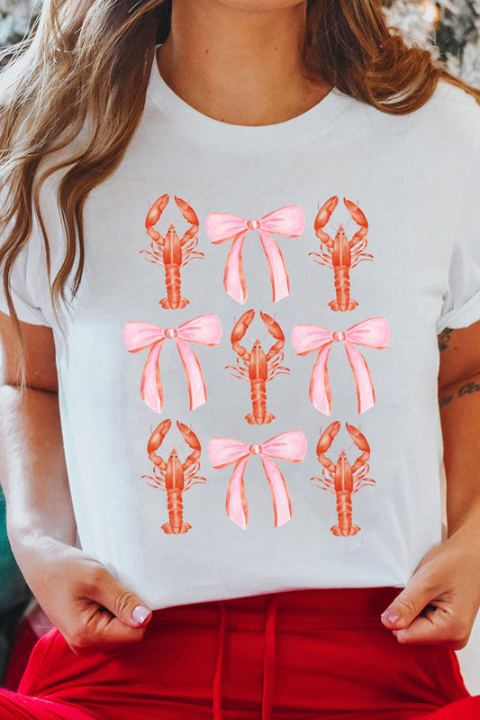 White Crawfish Bow Printed Summer T Shirt Graphic Tees JT's Designer Fashion