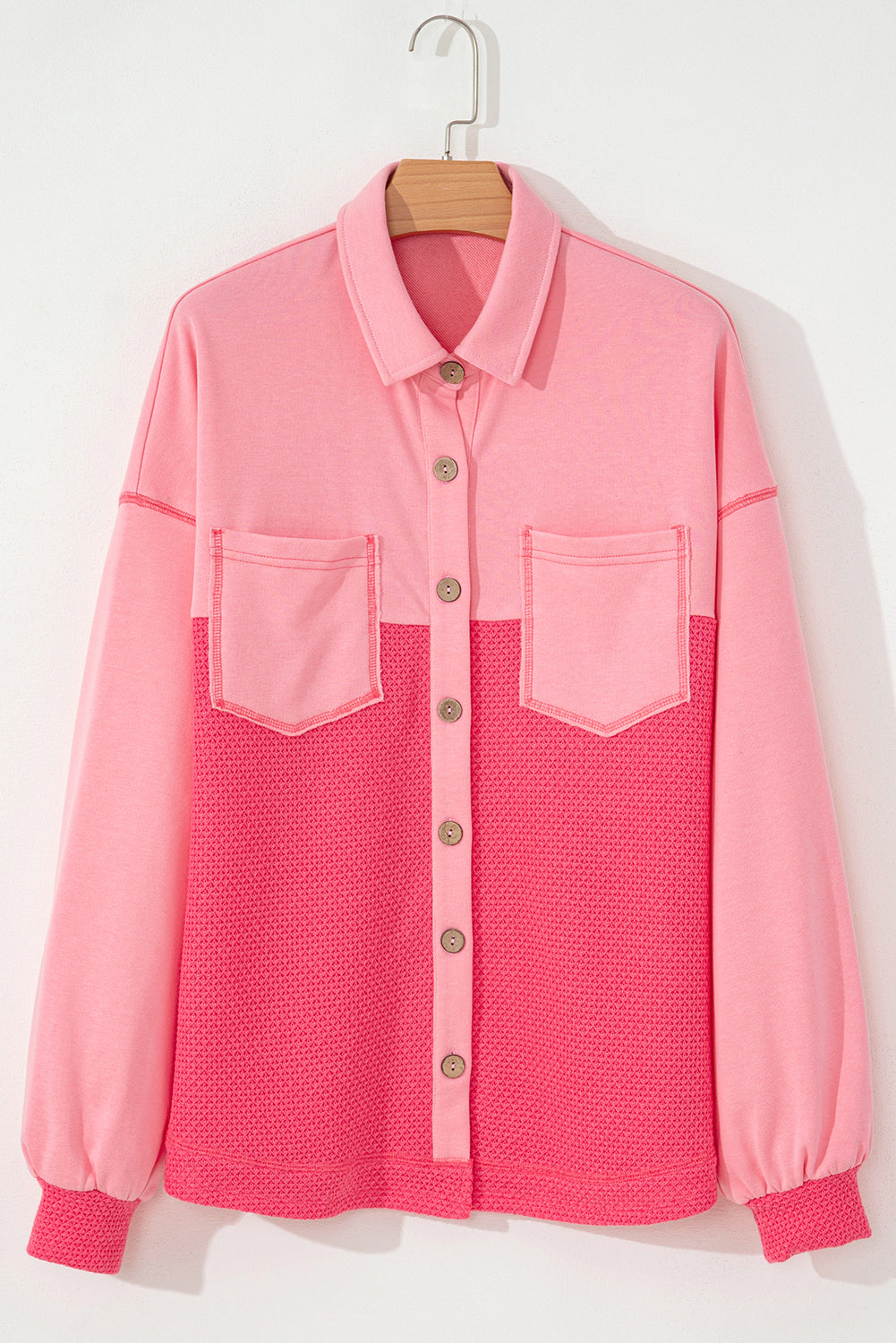 Peach Blossom Two Tone Contrast Waffle Knit Buttoned Loose Shacket Jackets JT's Designer Fashion