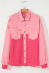 Peach Blossom Two Tone Contrast Waffle Knit Buttoned Loose Shacket Jackets JT's Designer Fashion