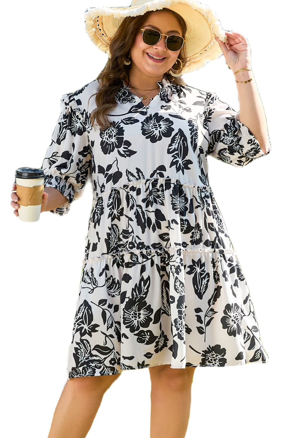 Black Floral Print Tiered Frilled Half Sleeve Plus Size Mini Dress Plus Size Mini Dresses JT's Designer Fashion