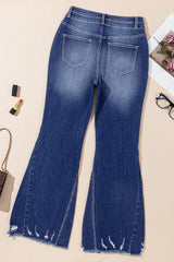 Sail Blue High Rise Dual Button Distressed Raw Hem Flared Jeans Jeans JT's Designer Fashion
