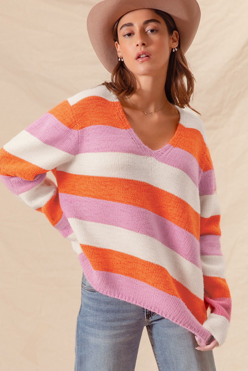 Orange Stripe Colorblock V Neck Casual Sweater Sweaters JT's Designer Fashion