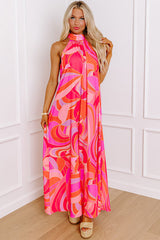 Rose Abstract Printed High Neck Knotted Nape Sleeveless Long Dress Maxi Dresses JT's Designer Fashion