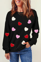 Black Heart Shaped Chenille Embroidered Crew Neck Sweatshirt Graphic Sweatshirts JT's Designer Fashion