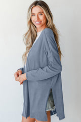 Ashleigh Blue Solid Color Rib Knit Open Front Tunic Cardigan Cardigans JT's Designer Fashion