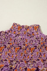 Purple Floral Smocked Puff Sleeve High Neck Mini Dress Floral Dresses JT's Designer Fashion