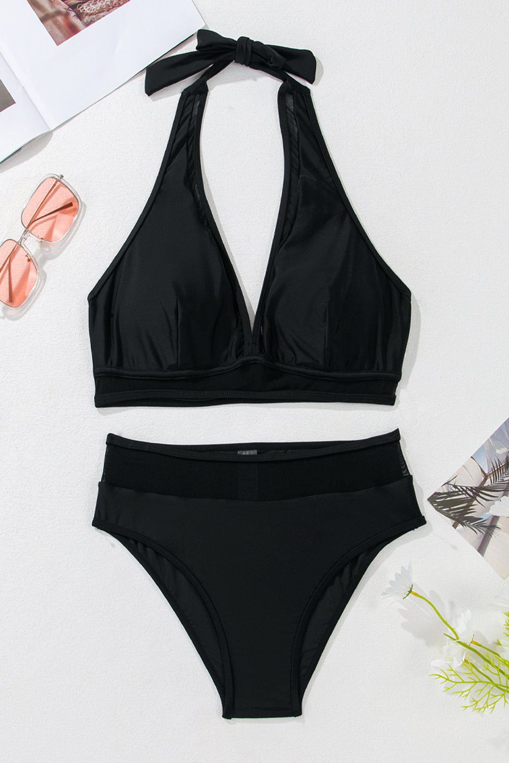 Black Sheer Mesh Edged Halter V Neck Push Up Bikini Bikinis JT's Designer Fashion