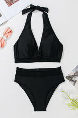 Black Sheer Mesh Edged Halter V Neck Push Up Bikini Bikinis JT's Designer Fashion