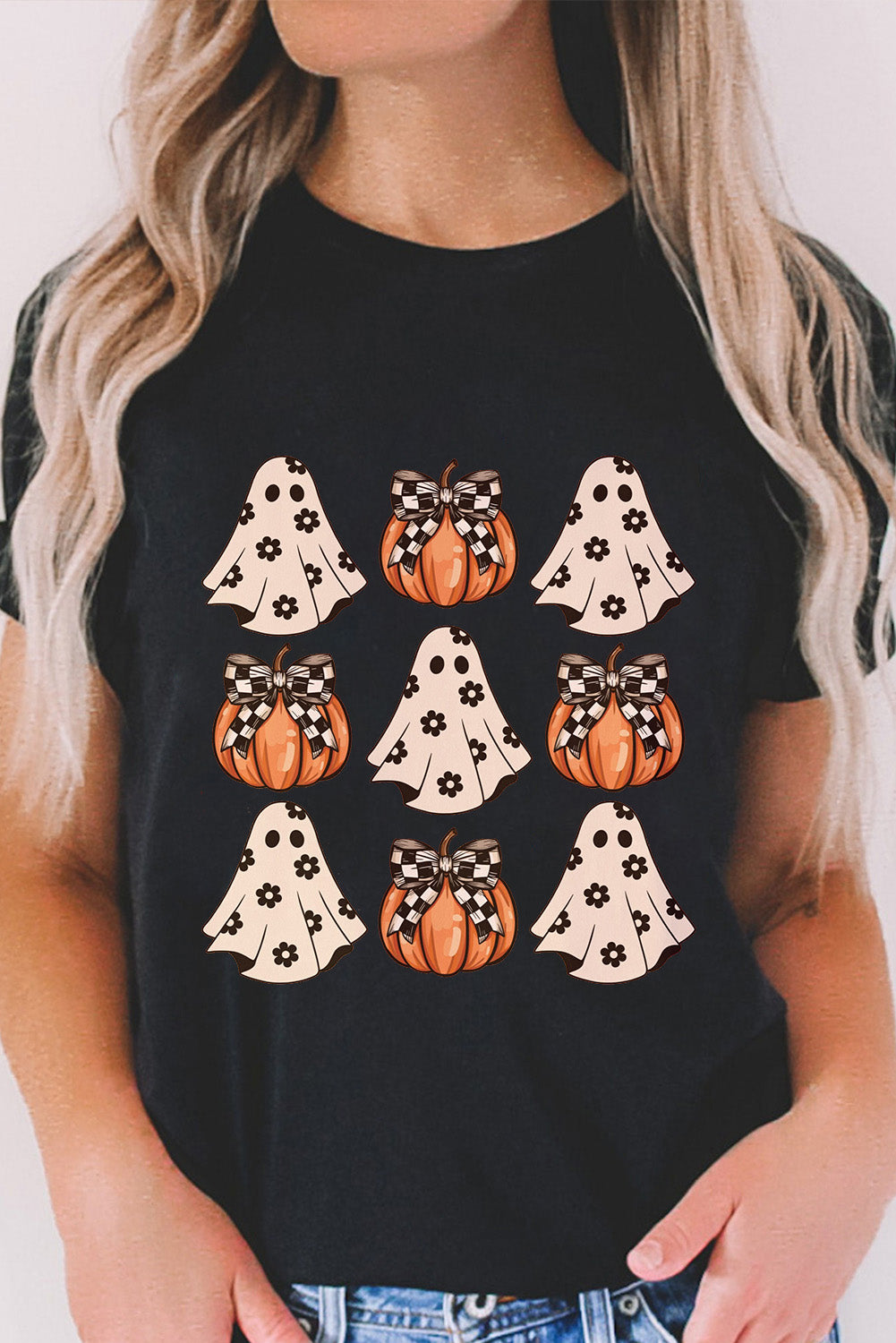 Black Halloween Ghost Pumpkin Print Crew Neck T Shirt Graphic Tees JT's Designer Fashion