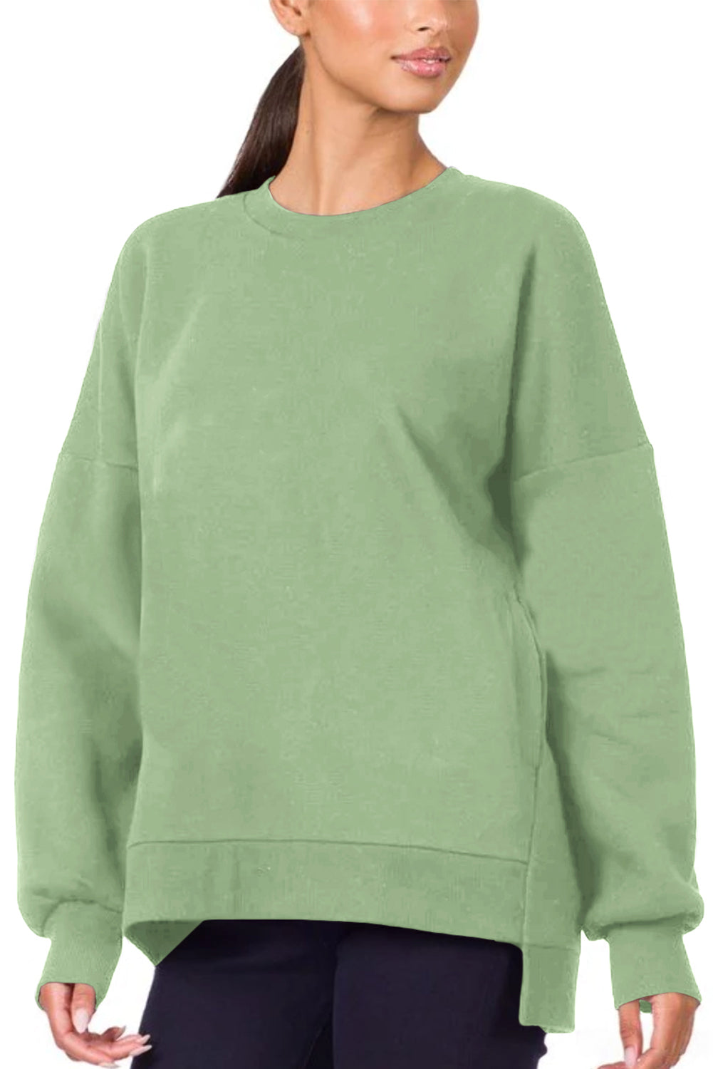 Grass Green Plain Drop Shoulder High Low Sweatshirt Sweatshirts & Hoodies JT's Designer Fashion